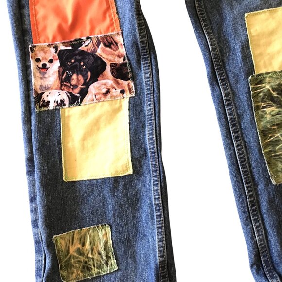 Children's Pants, Size 10 Husky: Upcycled Puppies Baseball Theme Patchwork Jeans - Picture 4 of 16